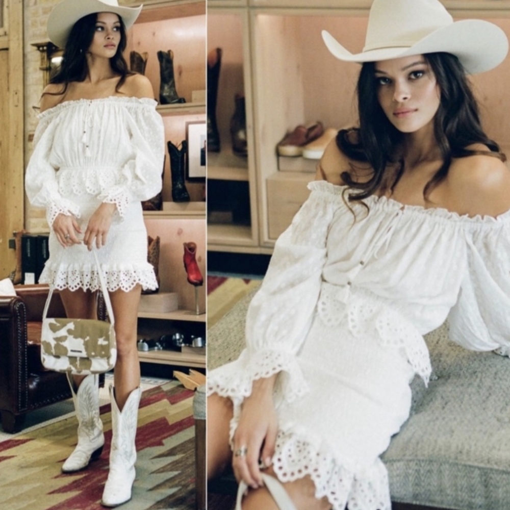 Daisy Chain White Eyelet Lace Ruched Dress Spell & The Gypsy - Picture 4 of 9